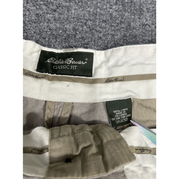 Eddie Bauer Linen Pants Men's Size 35x32 Beige Khaki Pleated Dress Slacks - Picture 3 of 8